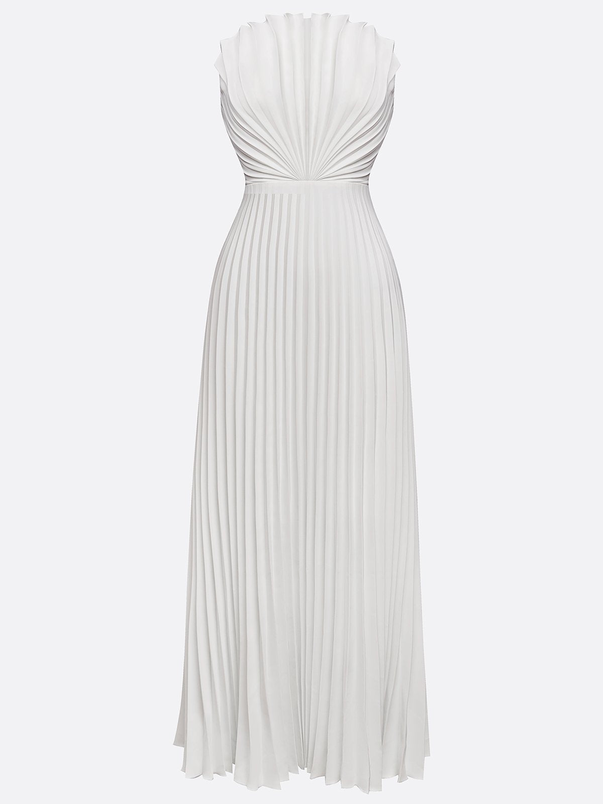 White Pleated Satin Strapless Sleeveless A-Line Maxi Dress
