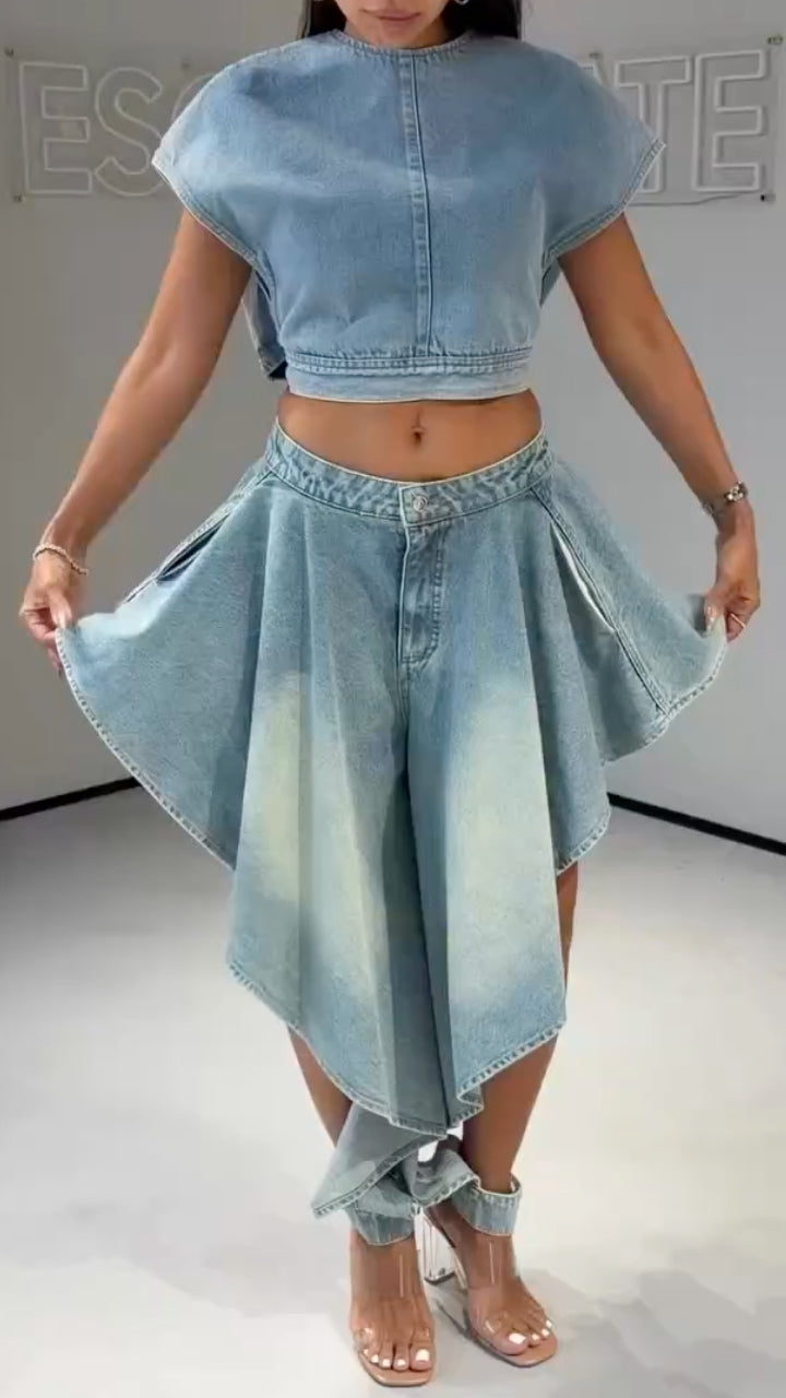 Women's Denim Two-Piece Set: Cap-Sleeve Cropped Top + Asymmetrical Pants