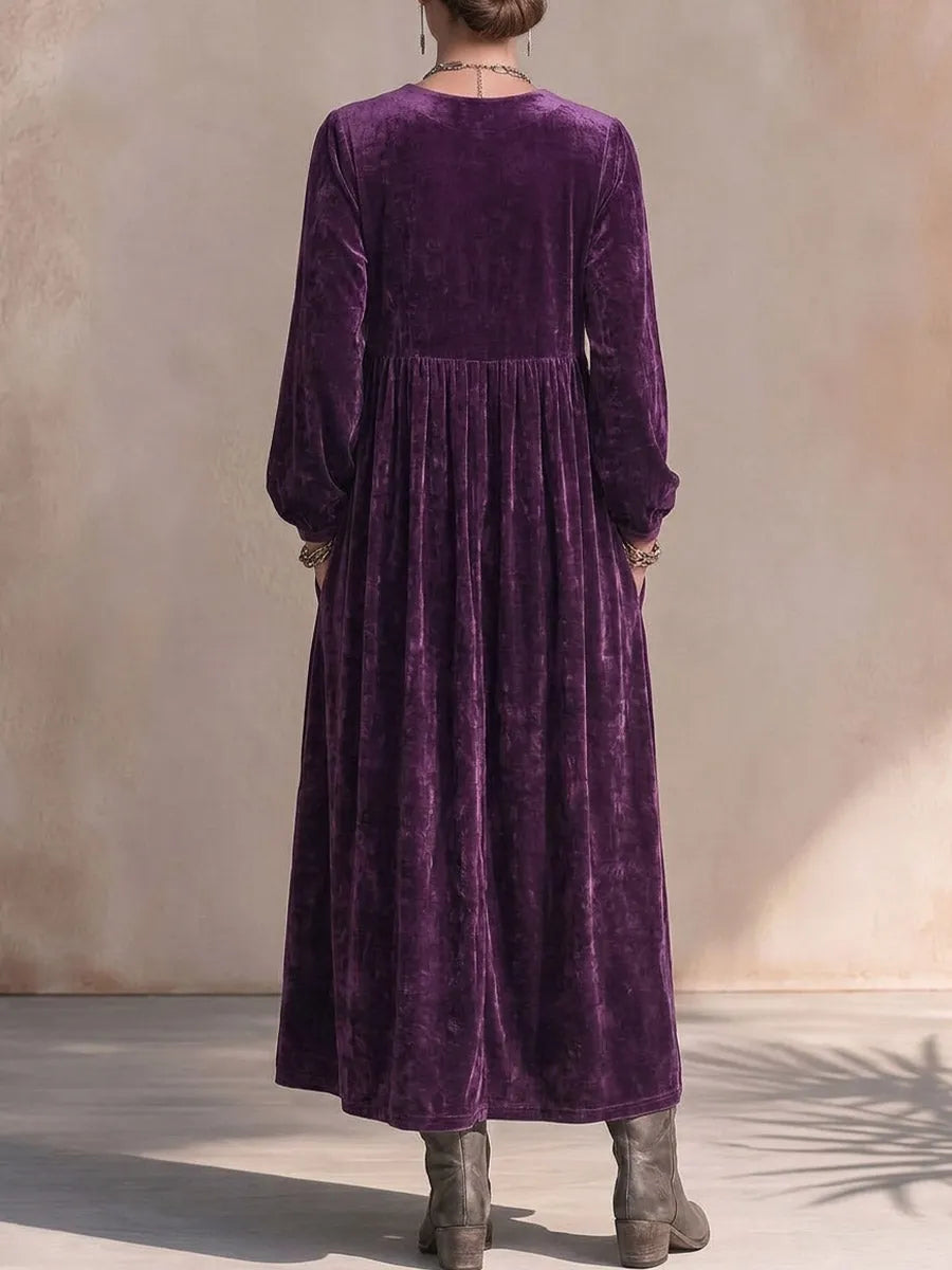 Women's Solid Color V-neck Long Sleeve Casual Loose Rhinestone Velvet Dress