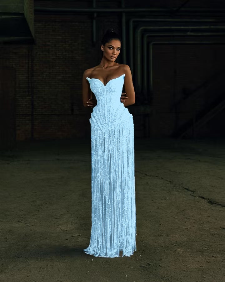 Cocoslly Strapless Sleeveless High Waist Long Prom Dress | Silver White Beading Pearls YK1253