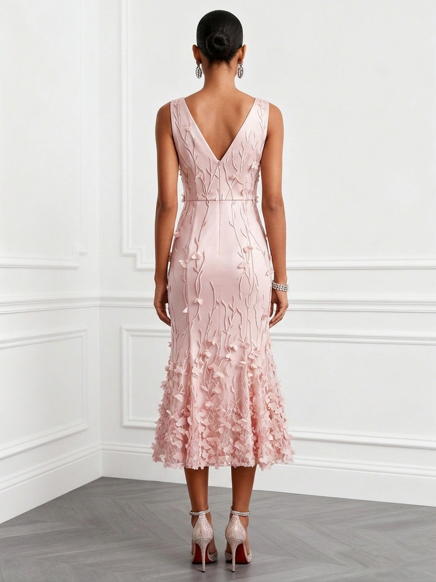 Light Pink 3D Floral Embroidery Classic V Neck Sleeveless Mermaid Midi Dress