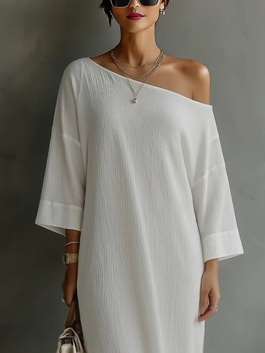 Women's Ivory White Cotton-Linen Blend One-Shoulder Flowing Elegant Dress MDA3032K4T