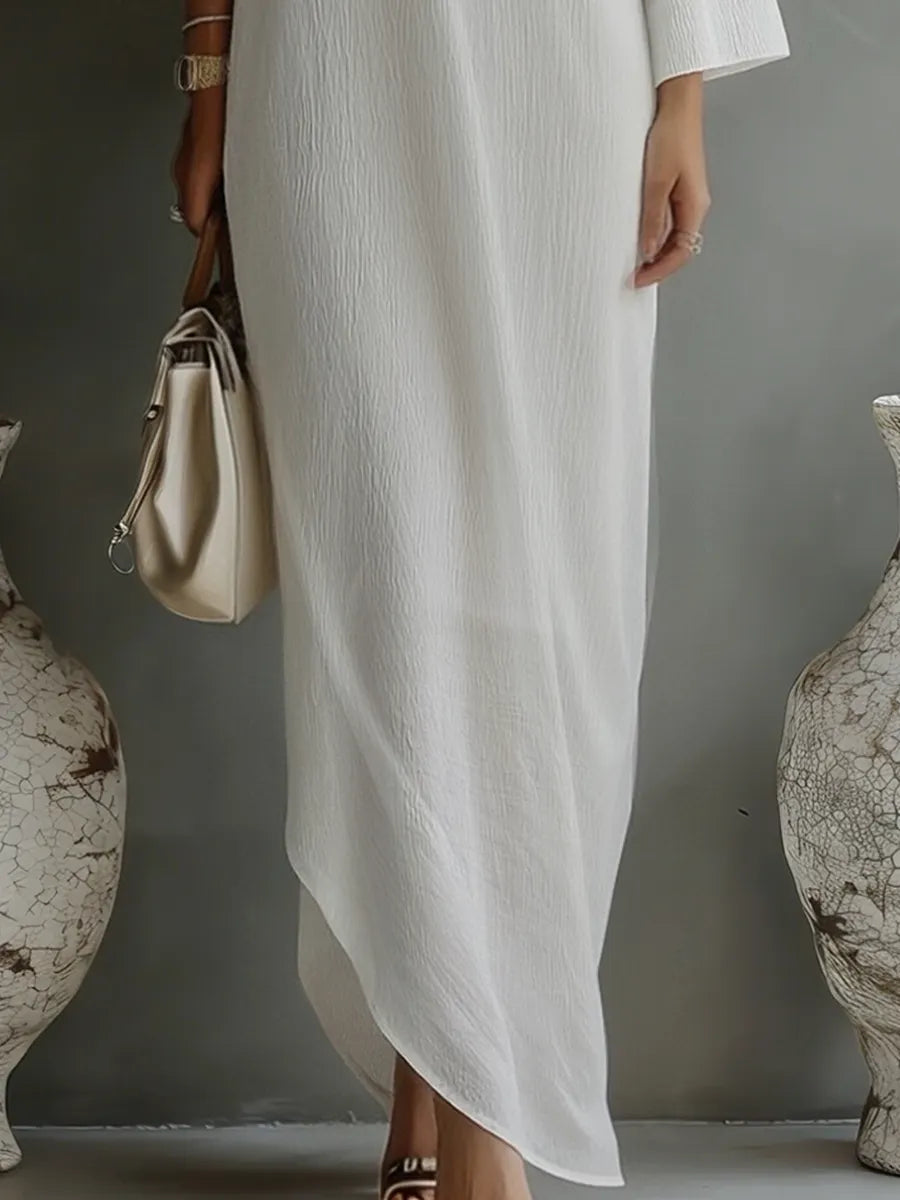 Women's Ivory White Cotton-Linen Blend One-Shoulder Flowing Elegant Dress MDA3032K4T