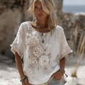 Women's Vintage Rose Embroidery Art Round Neck Short Sleeve Linen Blend T-shirt
