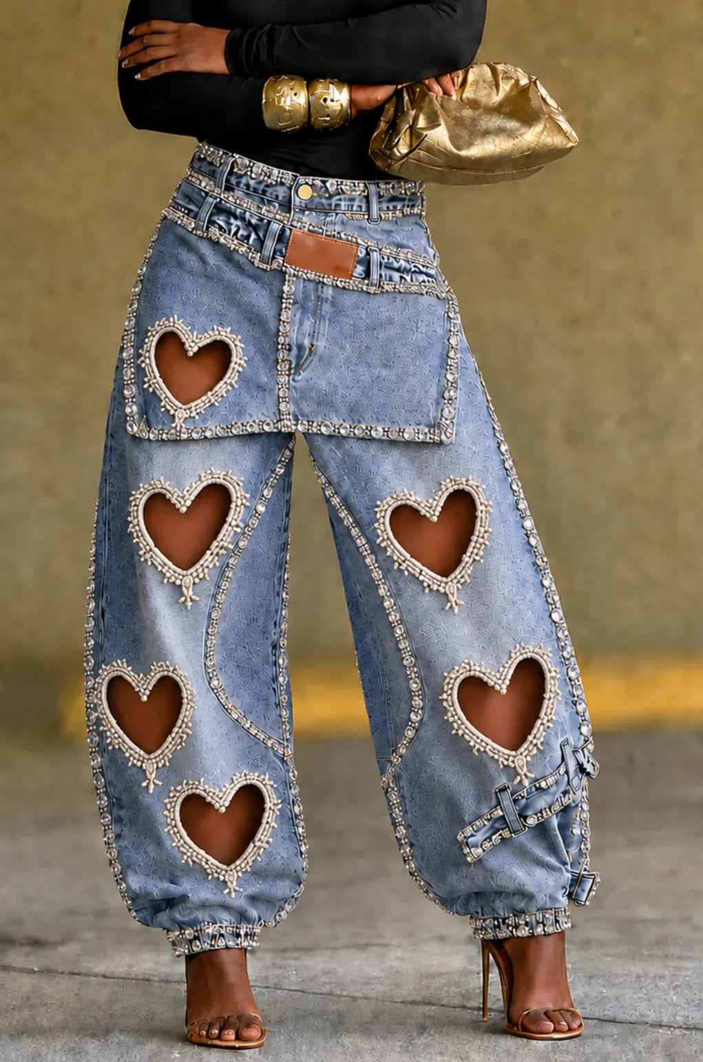 Heart Cutout Rhinestone Baggy Denim Pants