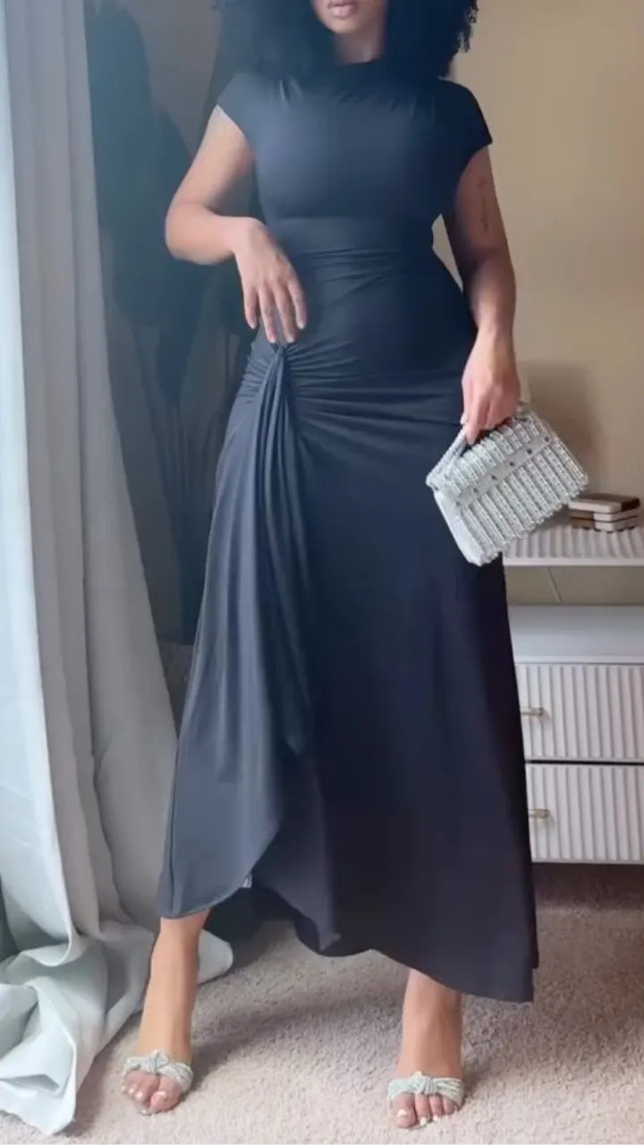 Black Mock Neck Ruched Maxi Dress
