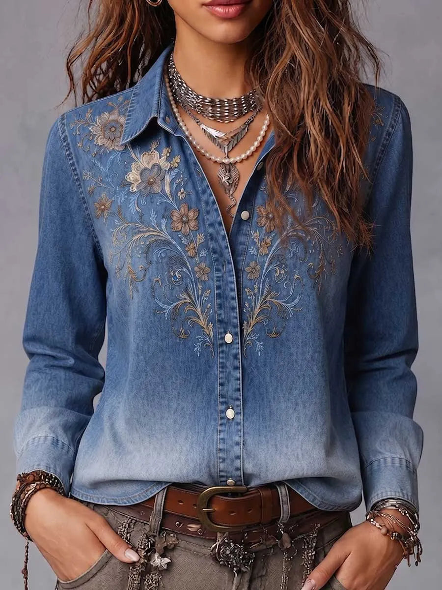 Women's Printed Collared Long-sleeved Gradient Denim Shirt