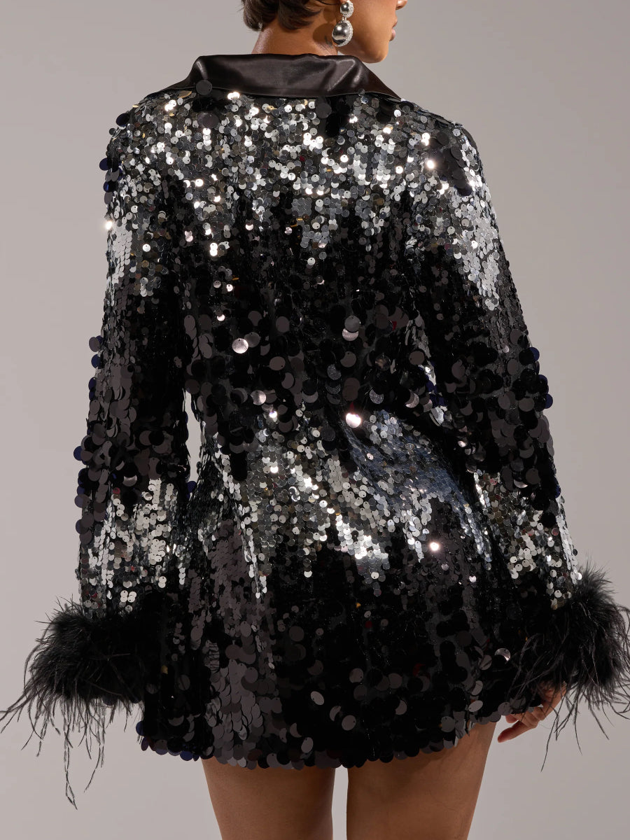 Sequin Feather Collared Mini Dress