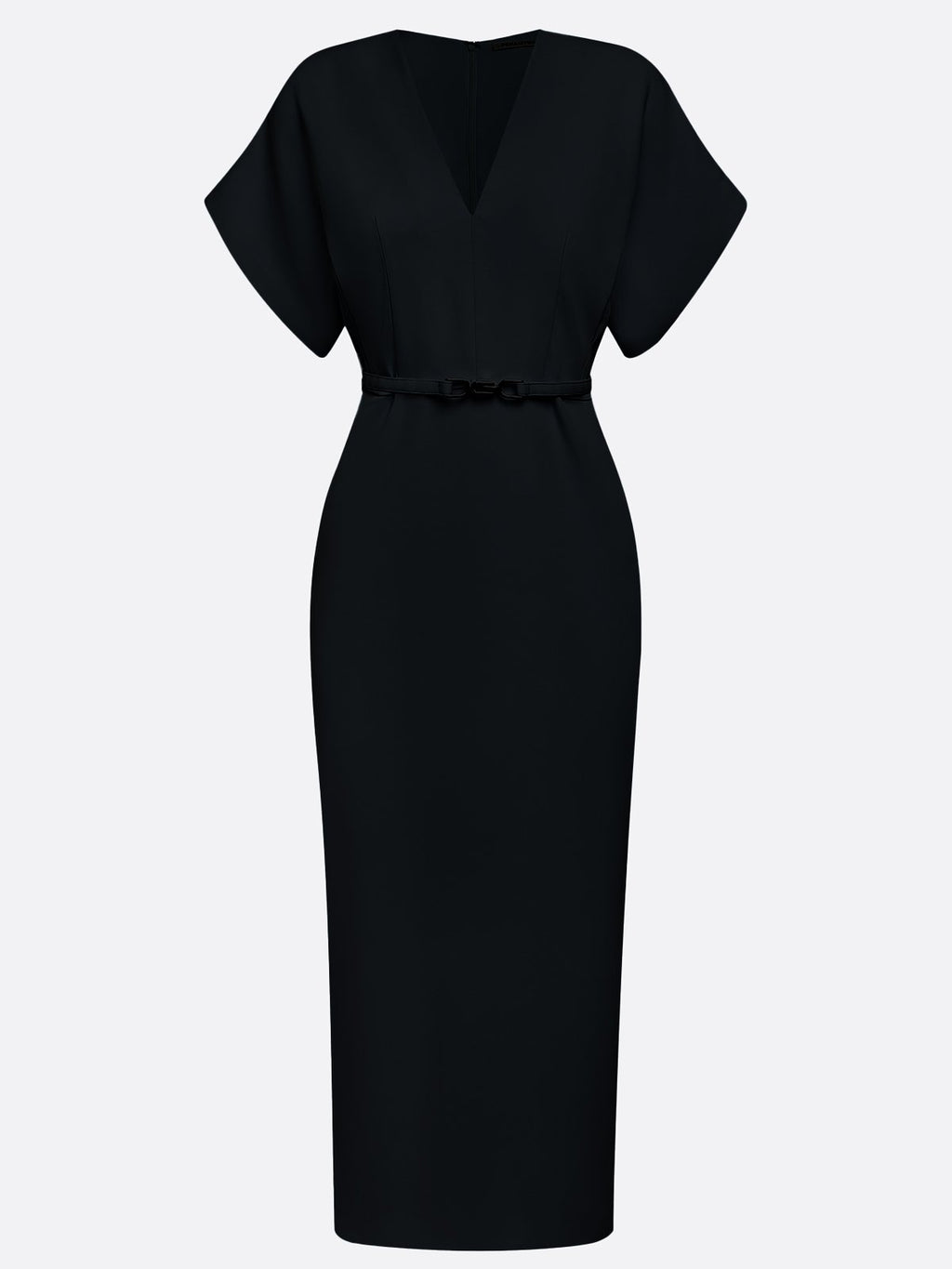 Black Slit Classic V Neck Short Sleeve Dolman Sleeve Sheath Midi Dress With Belt
