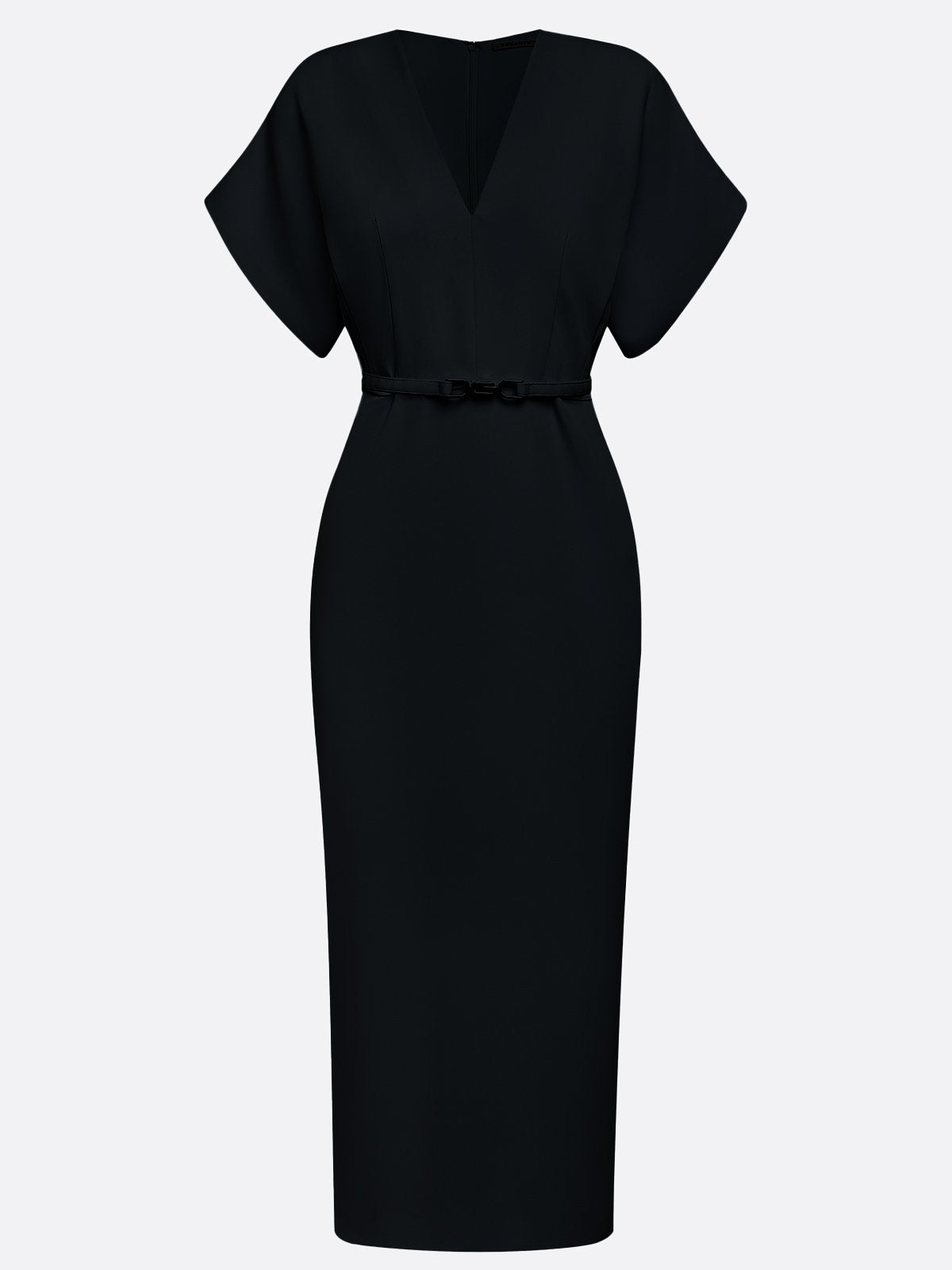 Black Slit Classic V Neck Short Sleeve Dolman Sleeve Sheath Midi Dress With Belt
