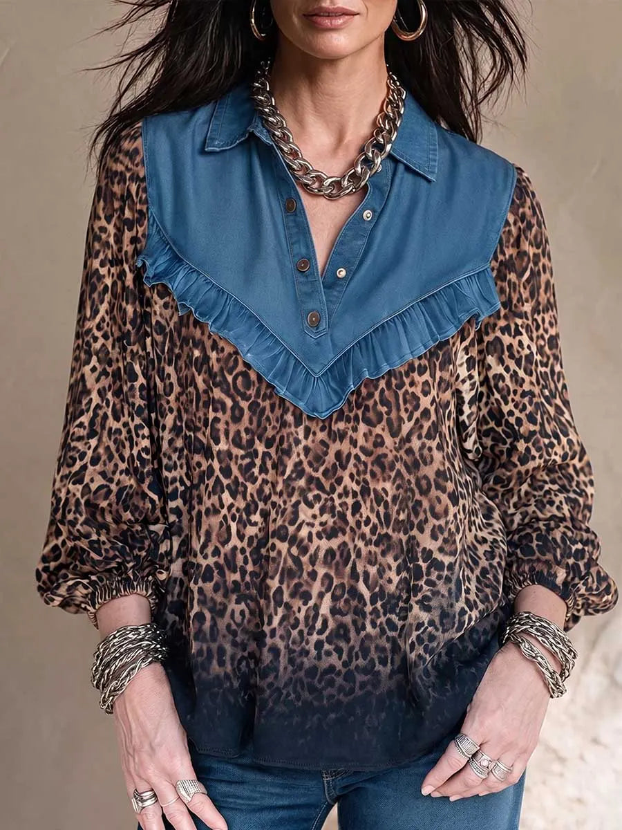 Women's Denim Collared 3/4 Sleeve Leopard Print Patchwork Casual Loose Top