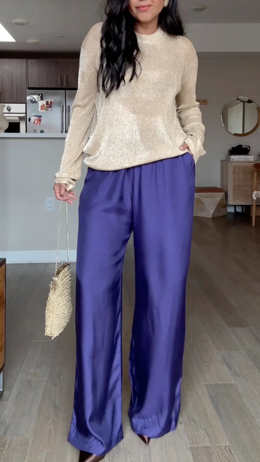 Metallic Knit Top & Satin Wide-Leg Pants Set