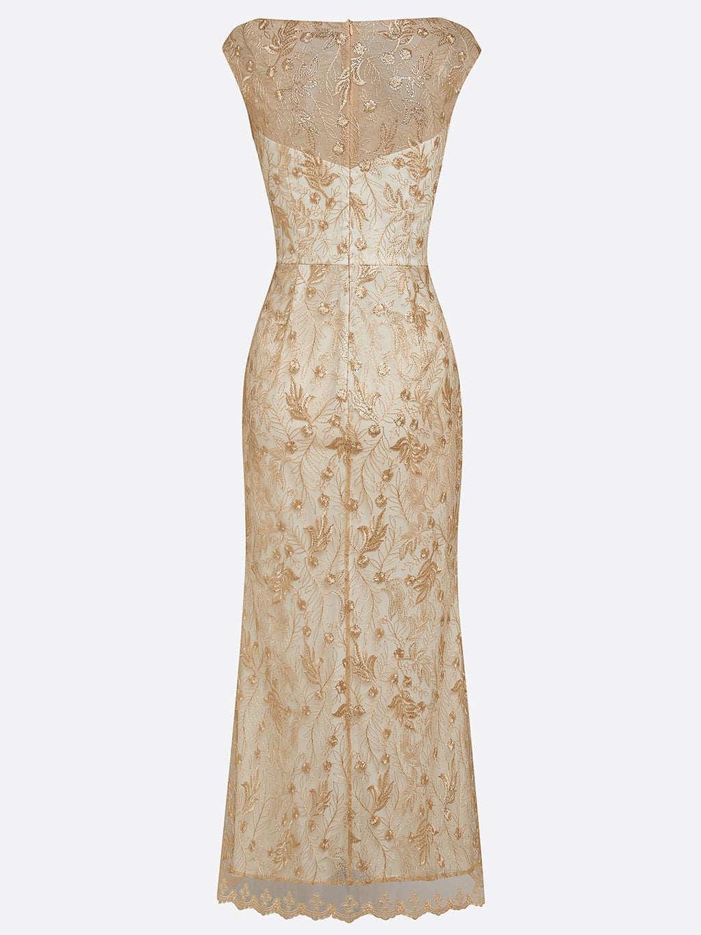 Champagne Embroidery Lace Boat Neck Sleeveless Sheath Maxi Dress