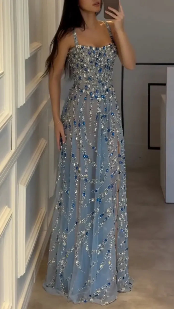 Rhinestone Beaded Slit Formal Maxi Dress
