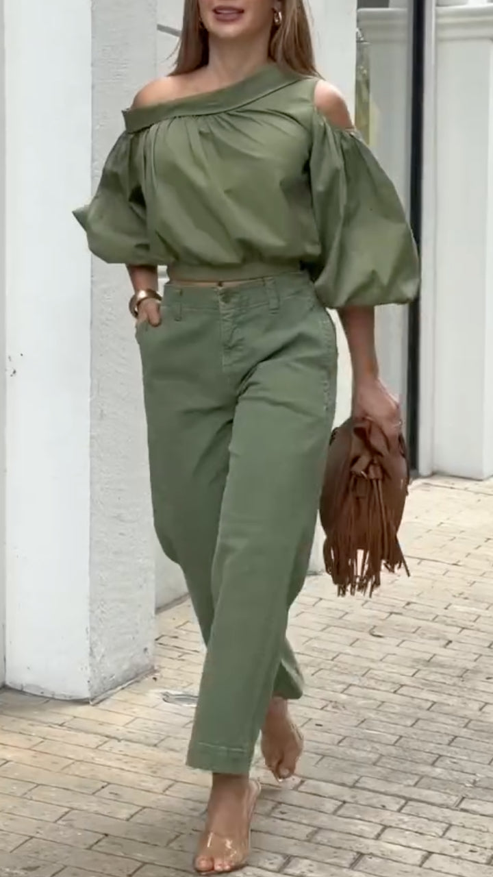 Off-Shoulder Crop Top & Wide Leg Pants Co-Ord Set