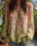 Women's Spring Gradient Flowers Embroidered Lace Patchwork Blouse 4604