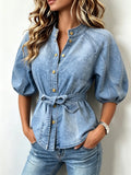 Chic Stand Collar Belted Puff Sleeve Casual Denim Shirt
