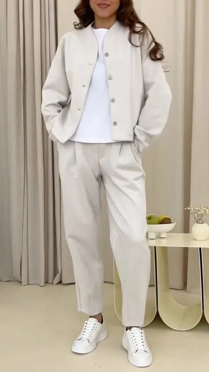 Beige Stand Collar Cropped Jacket & Pleated Ankle Pant Two Piece Suit