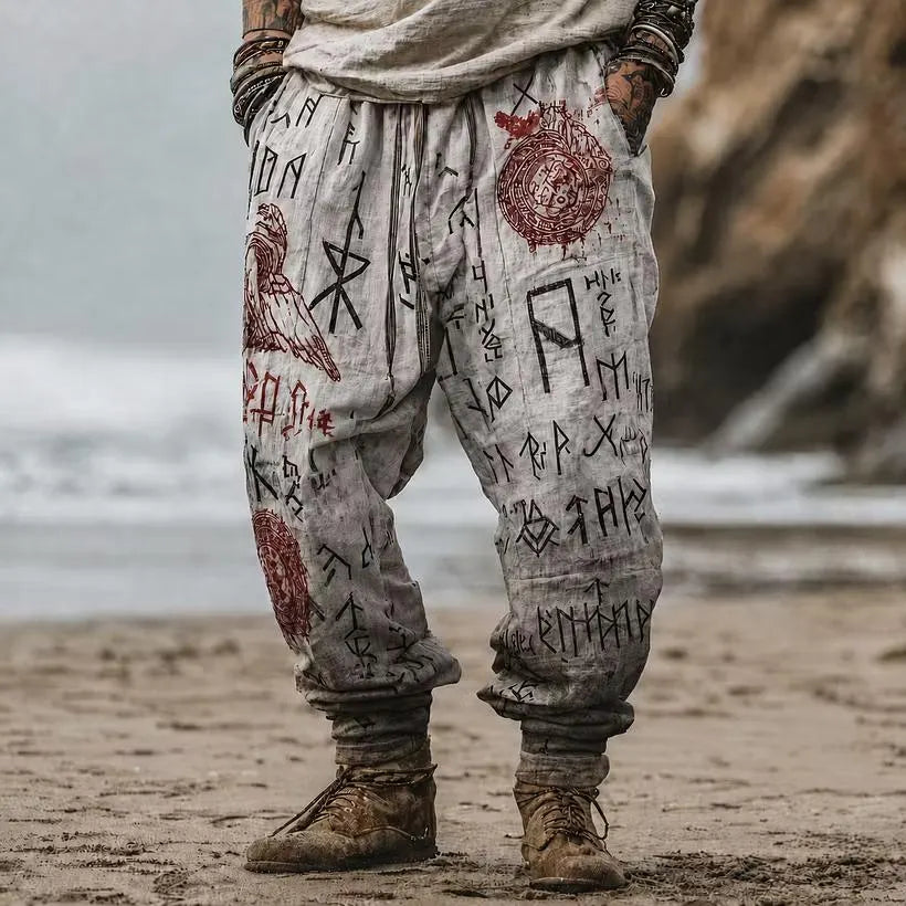Men Boho Rune Graphic Linen Harem Pants