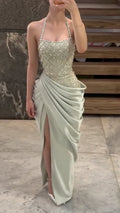 Beaded Halter Mermaid Evening Gown