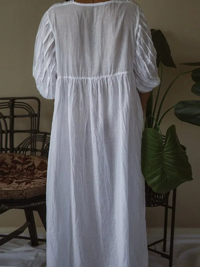 Women's Casual Solid Color V-Neck Three-quarter Sleeve Pleated Dress