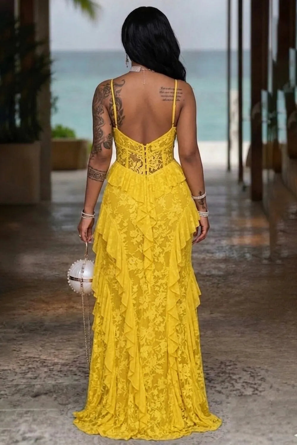 Cami Neck Waist Cut Out Irregular Ruffle Slit Maxi Dresses-Yellow [Pre Order]