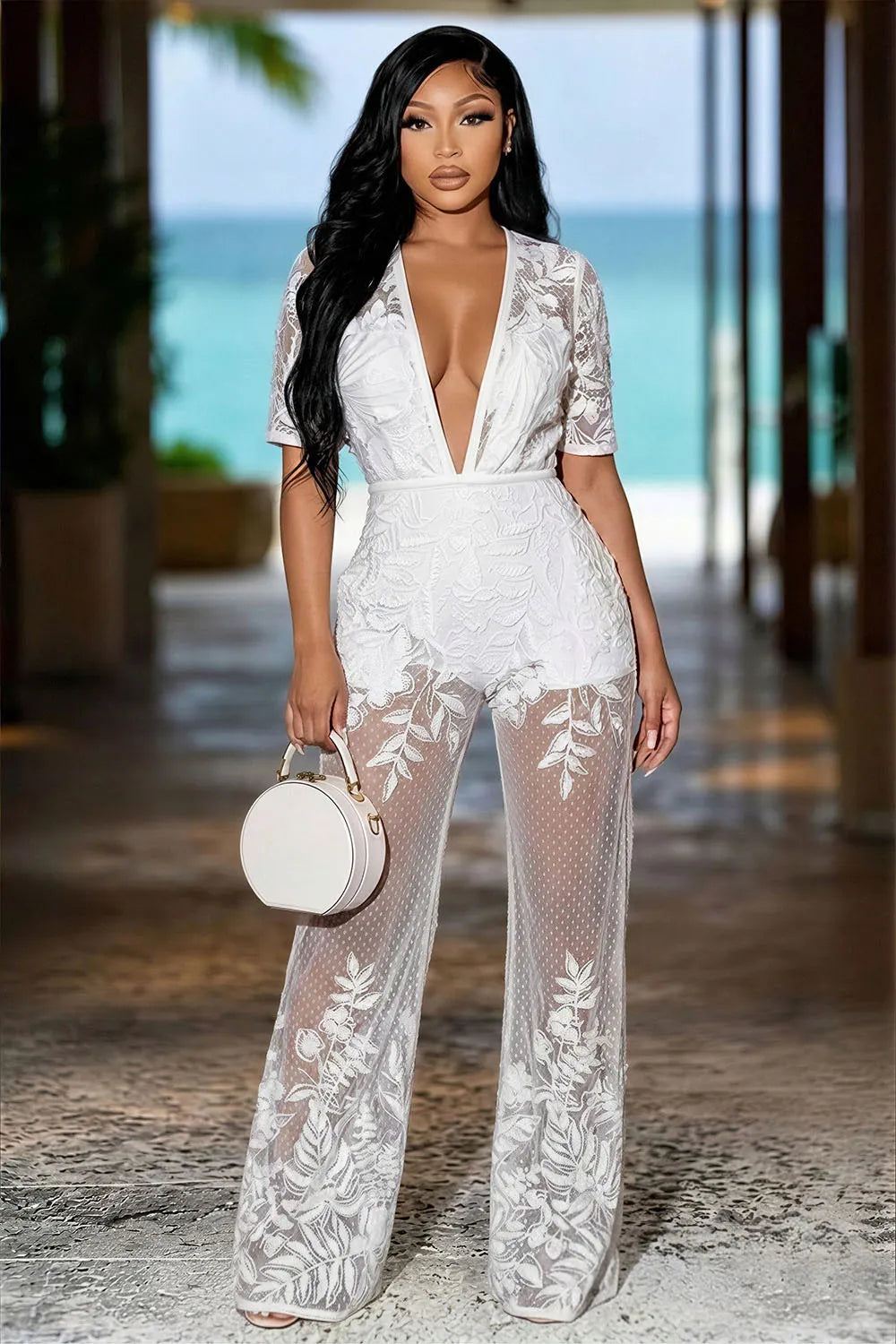 Lace Deep V Neck Floral See Through Vacation Jumpsuit-White [Pre Order]