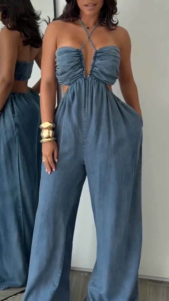 Halter Cutout Tencel Denim Wide Leg Jumpsuit
