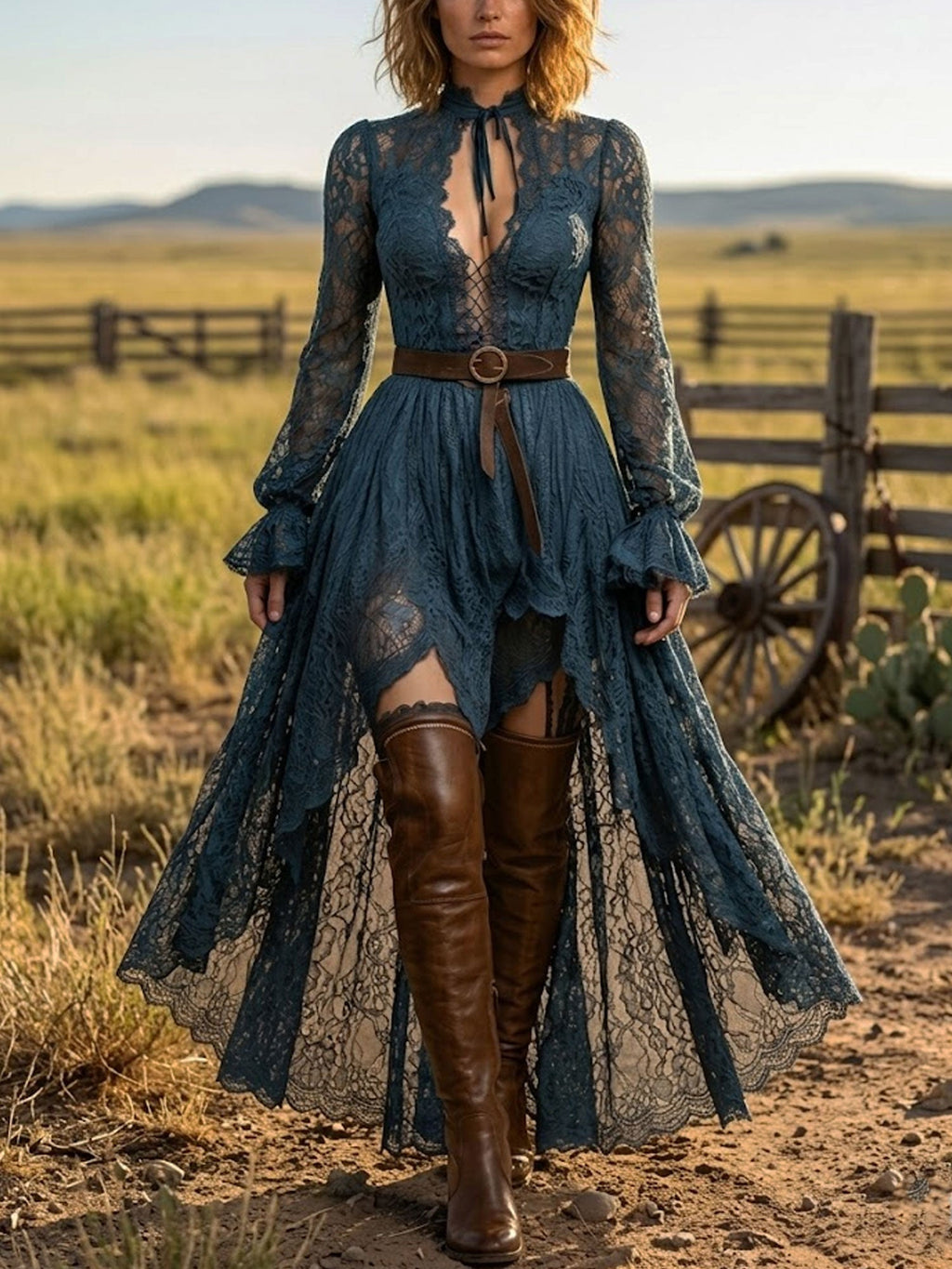 Women's Vintage Western Teal Lace High Low Dress Long Bell Sleeve High Neck Gothic Boho Maxi Dress