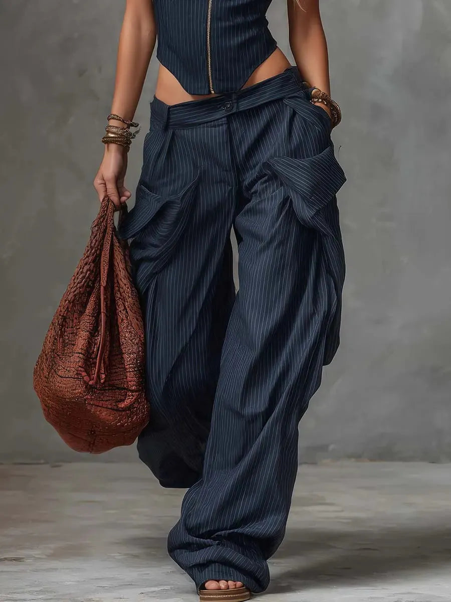 Personality Retro Casual Navy Blue Striped Square-Neck Front Zipper Top And Pants Set