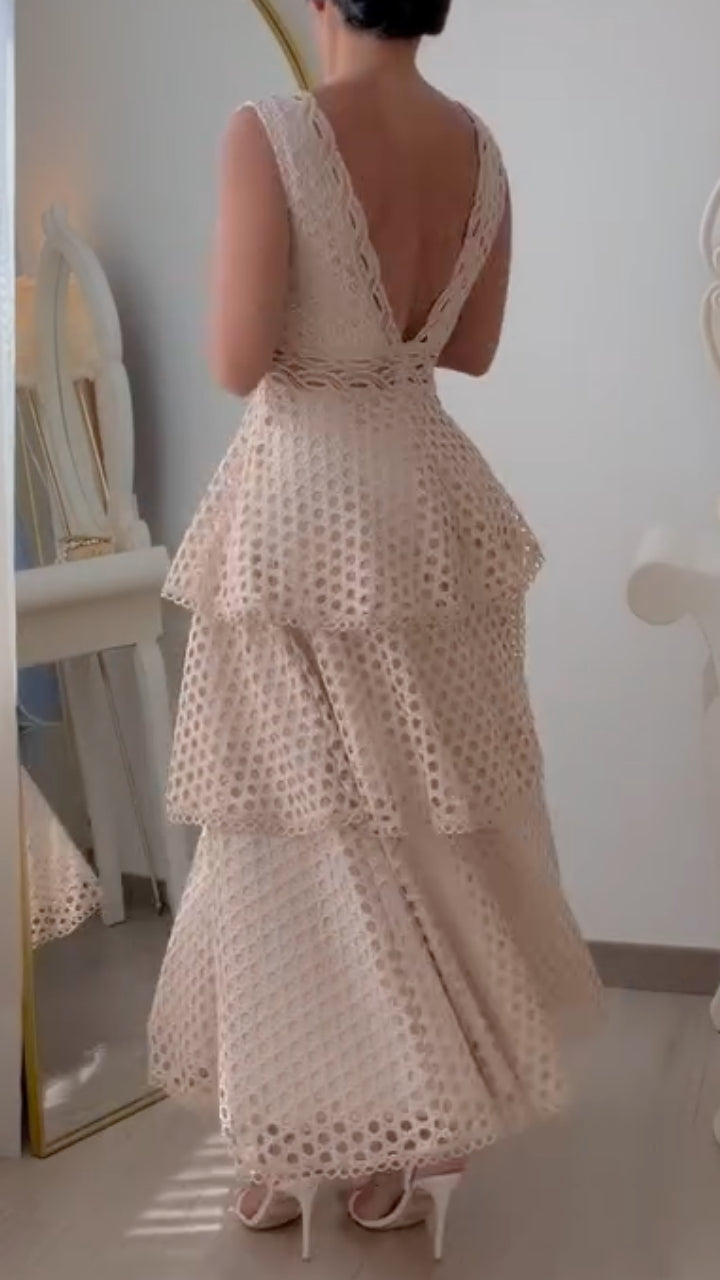 Apricot V-Neck Layered Ruffle Cake Maxi Dress