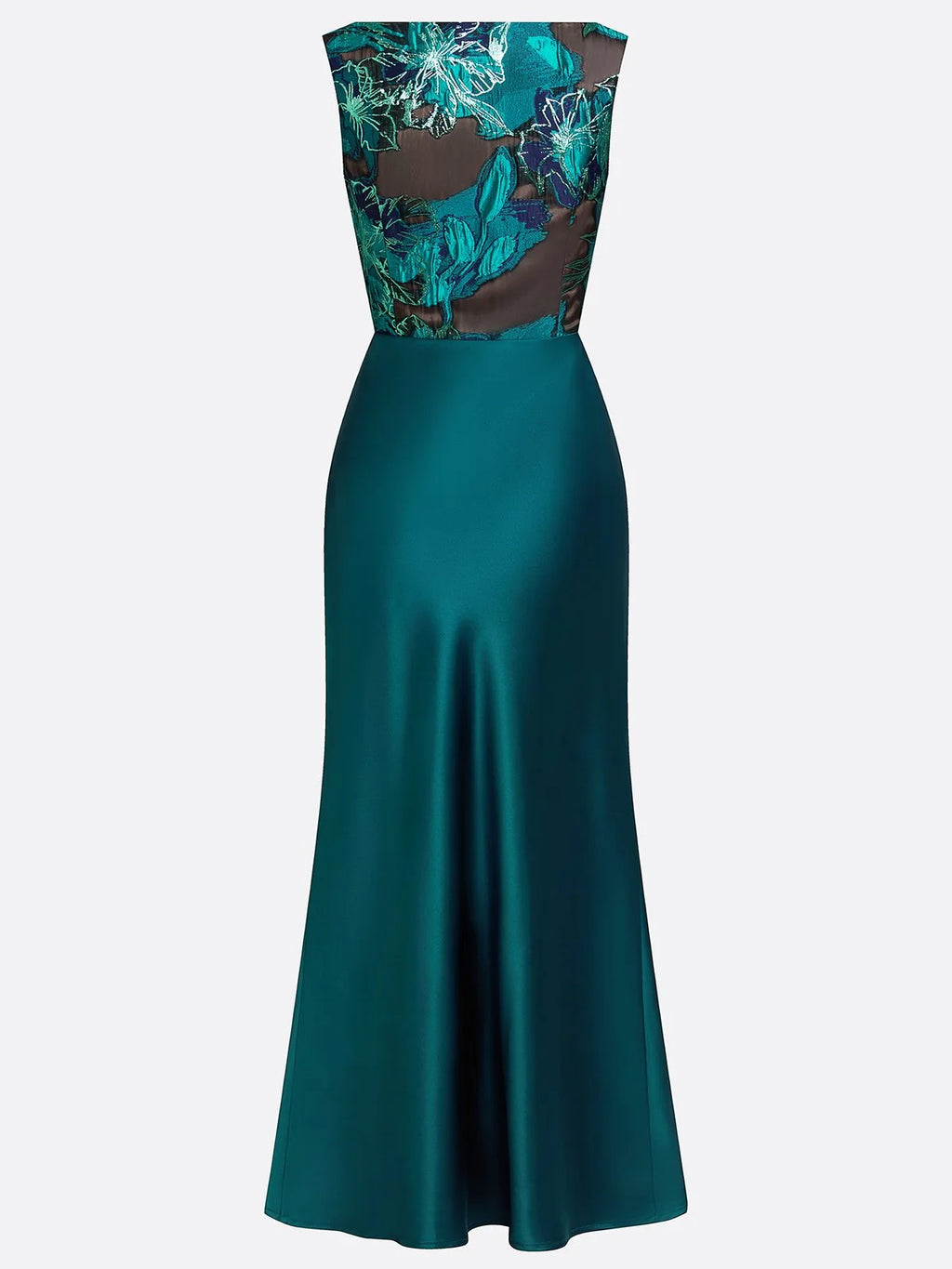 Cyan Jacquard Ruched Satin Boat Neck Sleeveless Sheath Floor-length Gown Dress