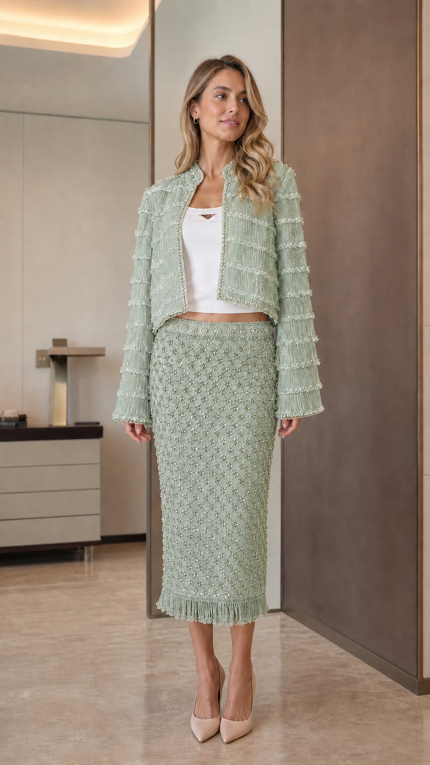 Elegance Tweed Open-Front Crop Jacket & Midi Skirt Set