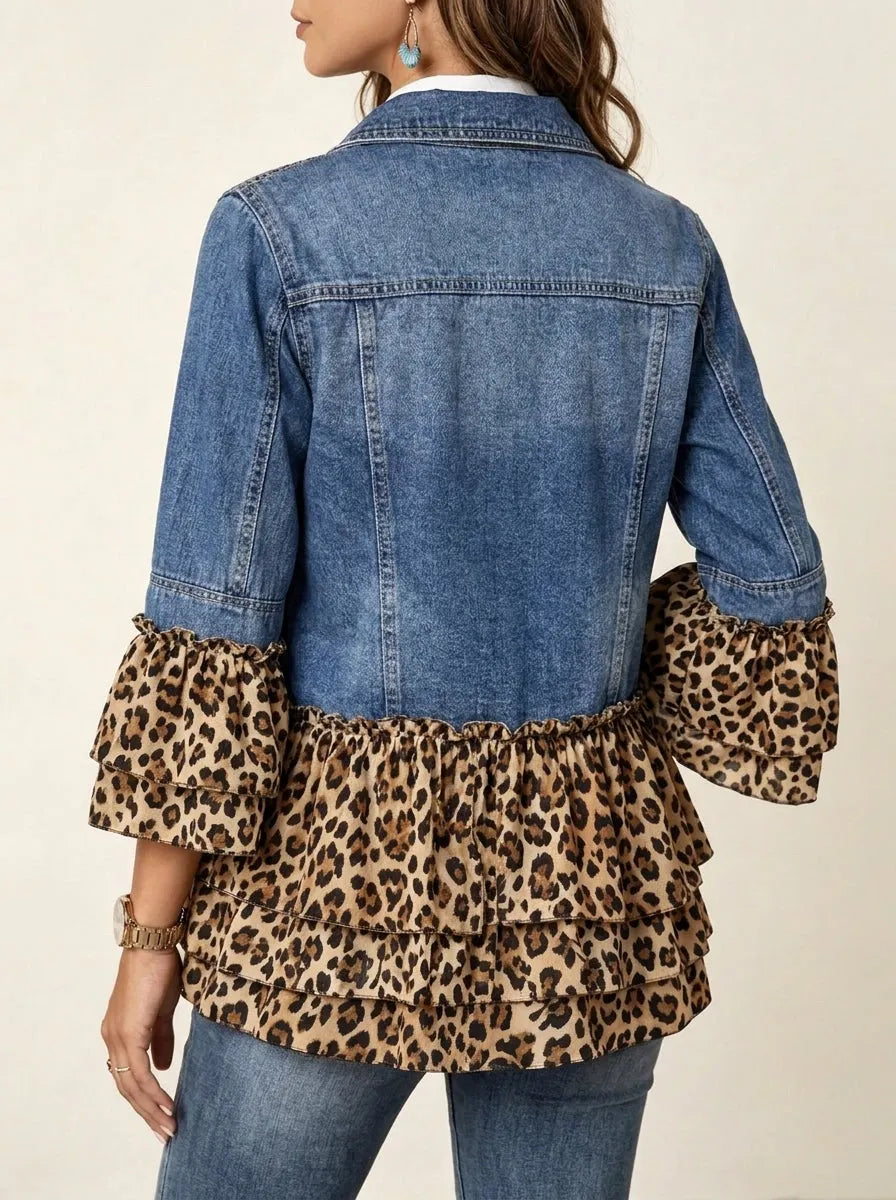 Women Leopard Ruffle Tiered Patchwork Denim Jacket Lapel Button Boho Outerwear