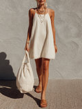 Women's White Linen-Blend Mini Dress With Spaghetti Straps & A-Line Silhouette, Timeless Minimalist Casual Dress MDZ0128F5LYL