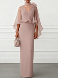 Nude Pink 3D Floral Mesh Classic Mock Neck Half Sleeve Sheath Floor-length Gown Dress