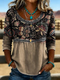 Women's Vintage Print Casual Hollow Denim Shirt