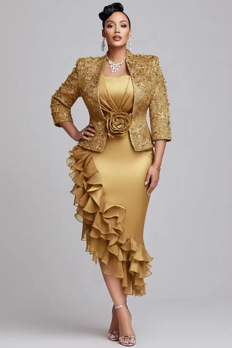 Gold Glitter Jacket And Ruffle Satin Midi Dress Set
