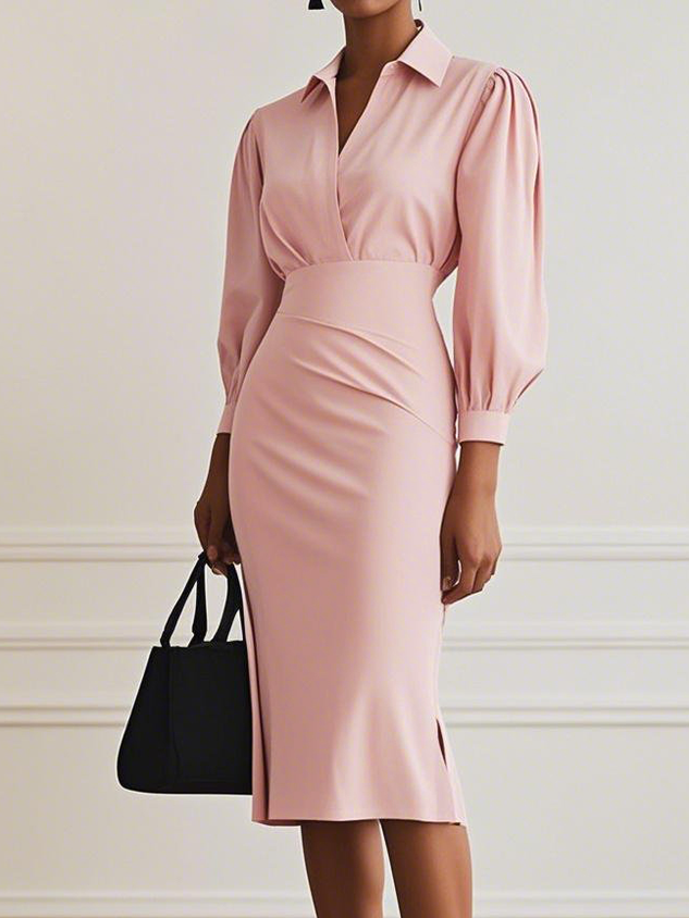 Women Light Gray Ruched Shirt Collar Long Sleeve Dressy Top With Skirt Two-Piece Set