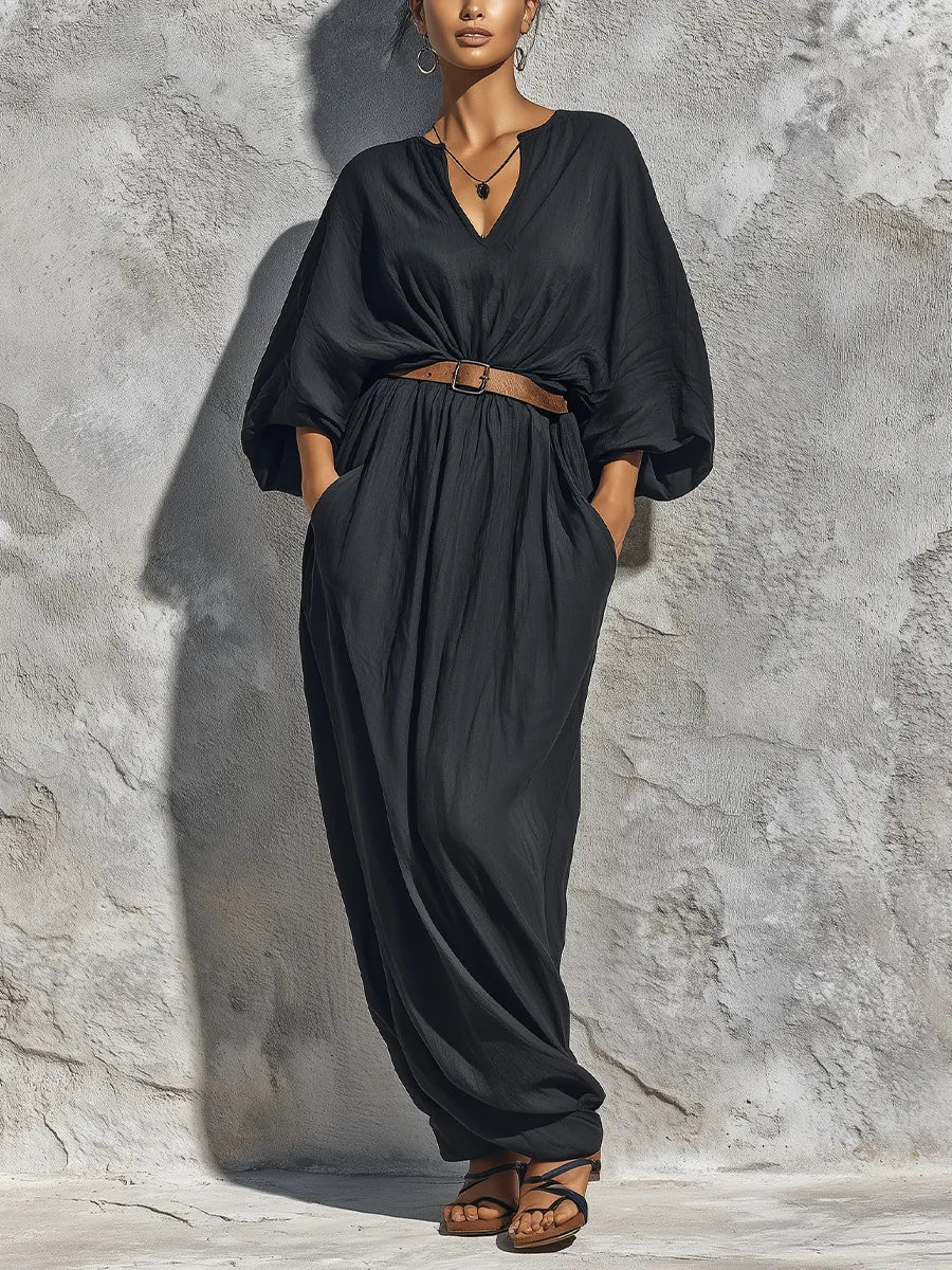Women’s Black Linen V-Neck Batwing Puff Sleeve Belted Loose Maxi Kaftan Dress With Side Pockets MDZ2306F5T