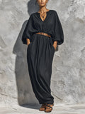 Women’s Black Linen V-Neck Batwing Puff Sleeve Belted Loose Maxi Kaftan Dress With Side Pockets MDZ2306F5T