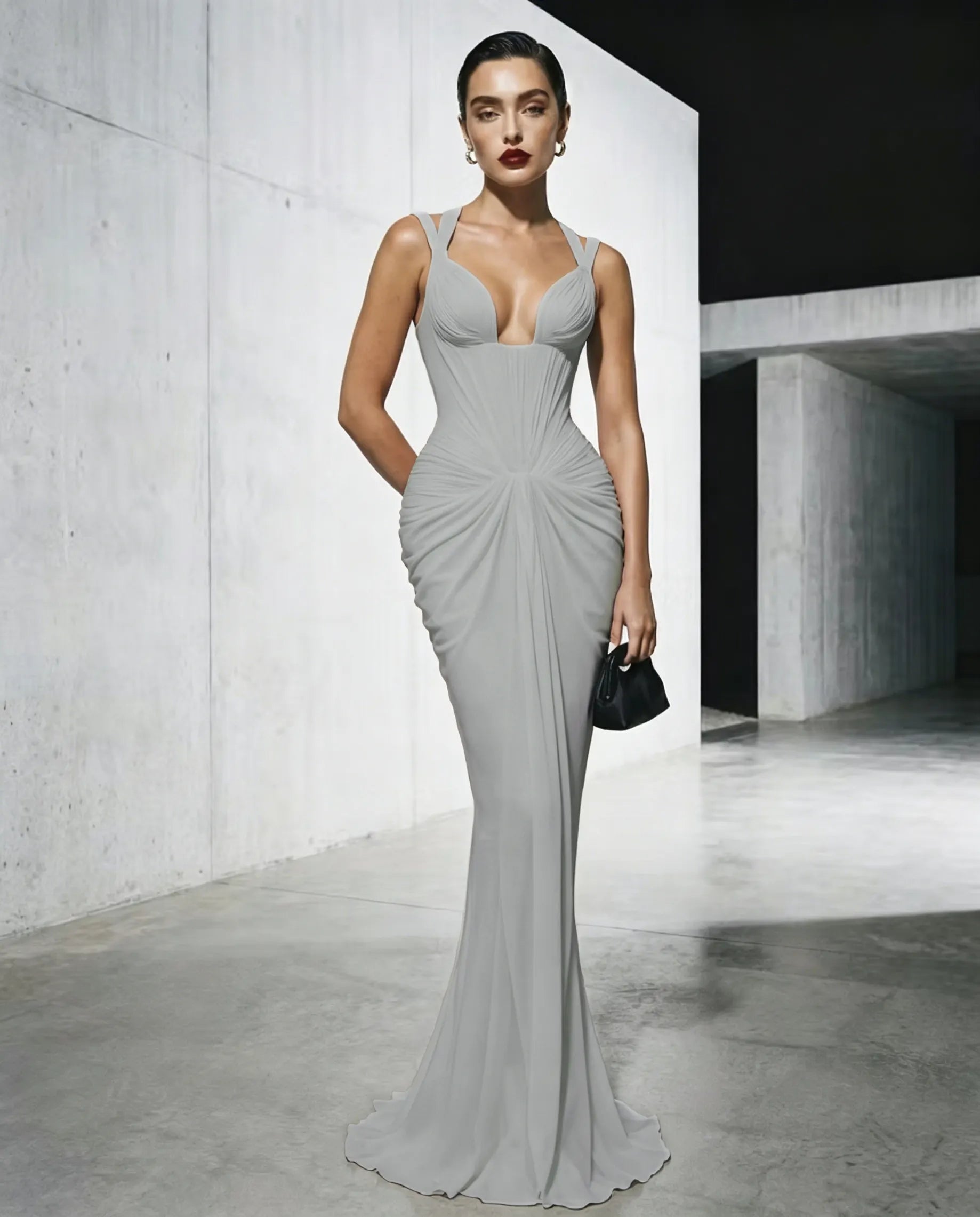 Cocoslly Spaghetti Straps Sleeveless High Waist Long Mermaid Prom Dress With Pleated | Red Satin LX0112