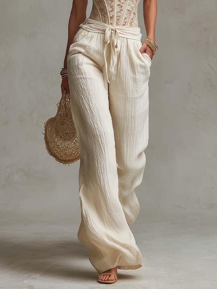 Bohemian Lace Bodycon Vest And Cotton Wide-Leg Pants Two-Piece Set