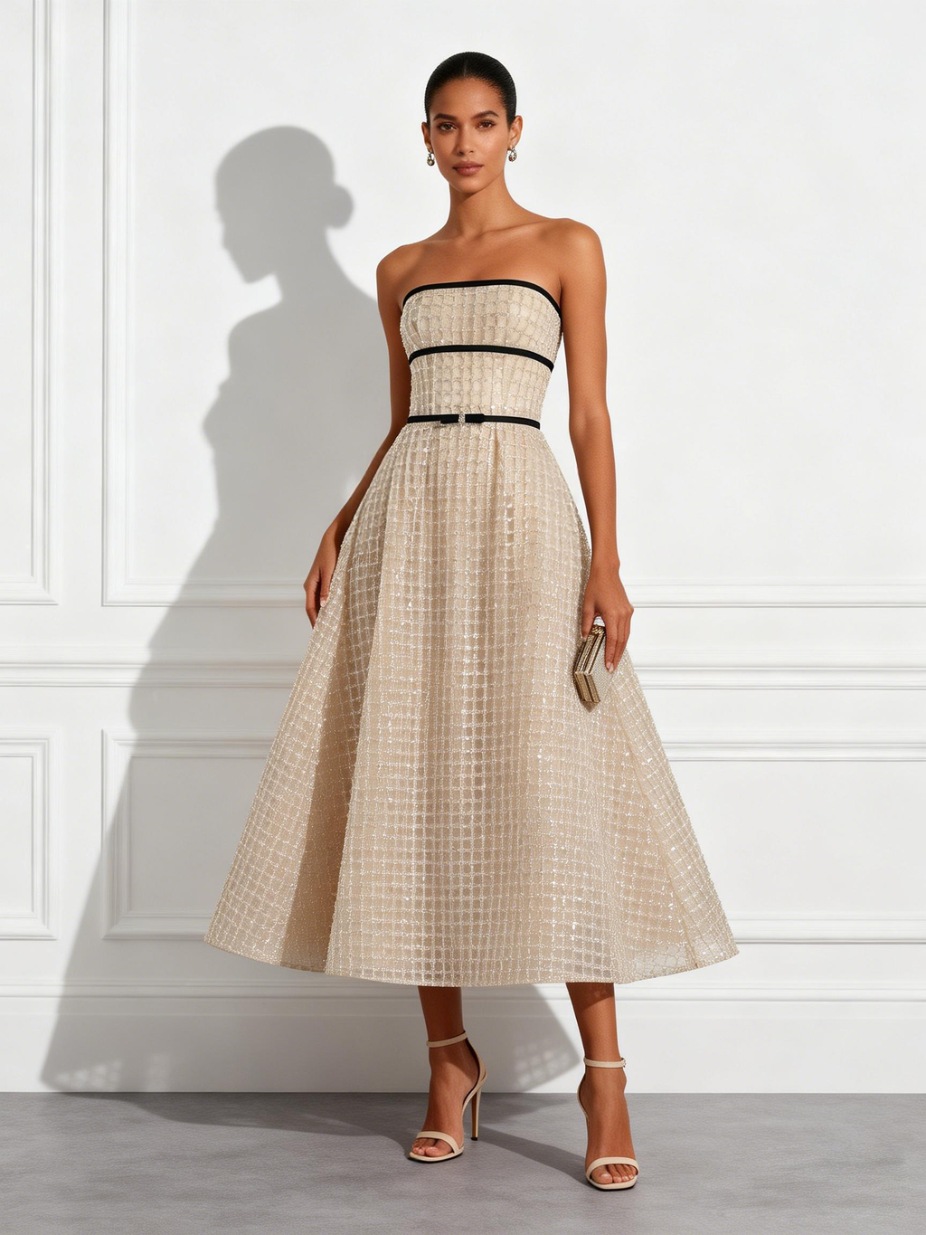 Champagne Glitter Beaded Sequin Strapless Sleeveless A-Line Midi Dress