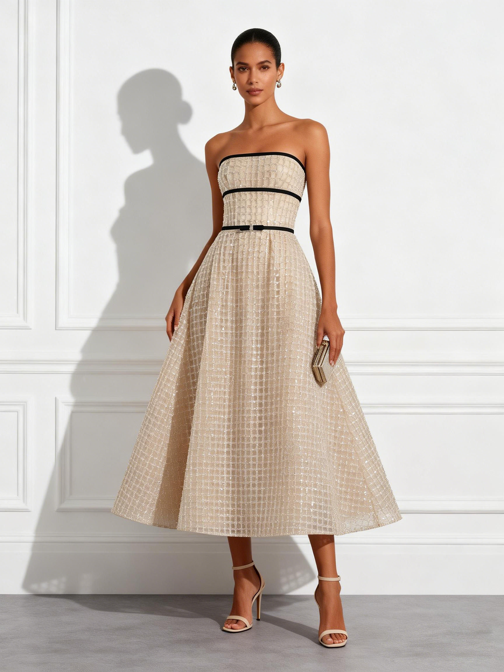Champagne Glitter Beaded Sequin Strapless Sleeveless A-Line Midi Dress