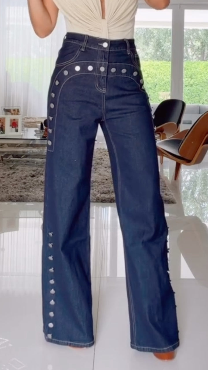 Metal Stud Decorated Dark Denim Wide Leg Jeans