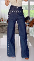 Metal Stud Decorated Dark Denim Wide Leg Jeans