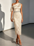 Champagne Rhinestone Bow Satin One Shoulder Short Sleeve Sheath Midi Dress