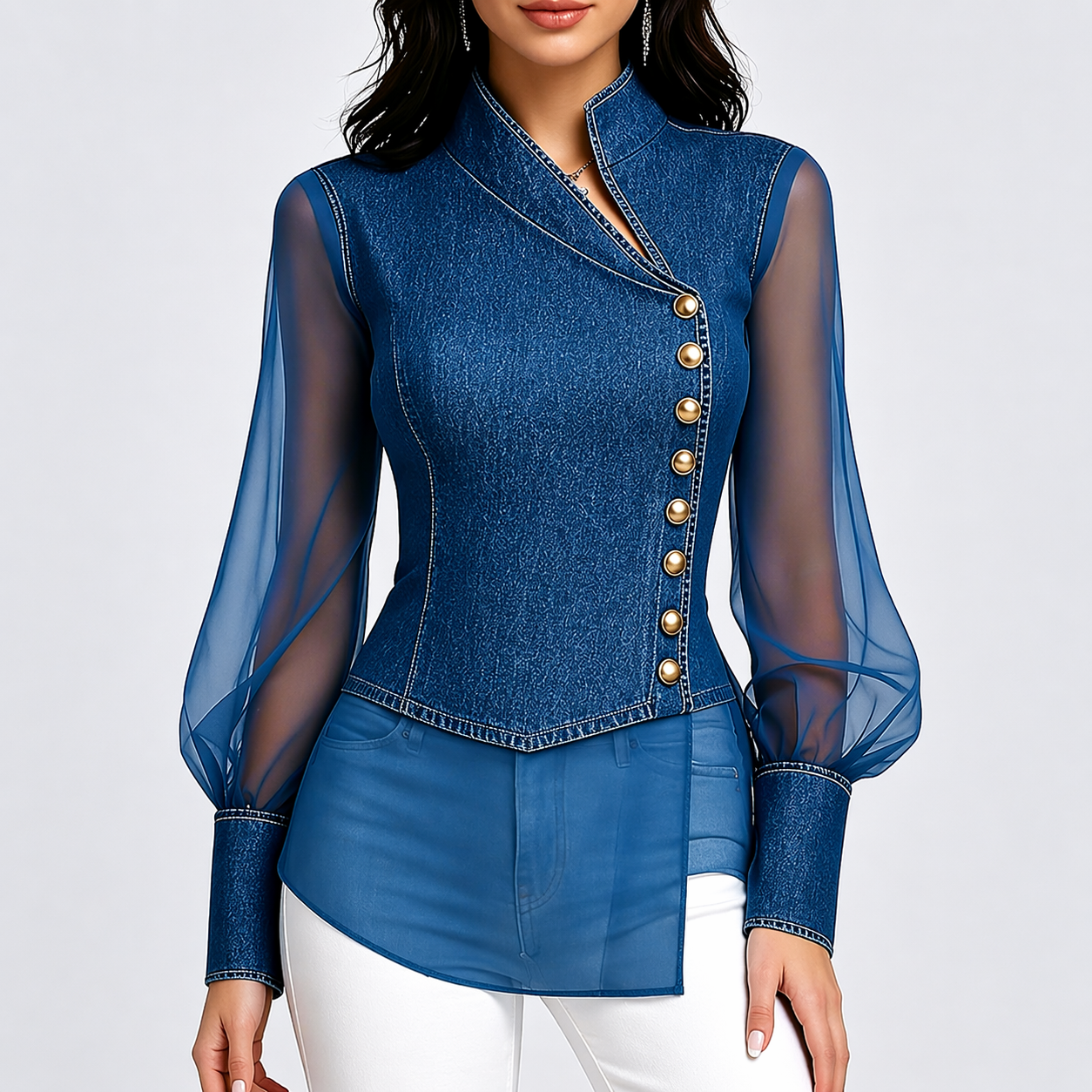 Blue Denim Sheer Mesh Blouse