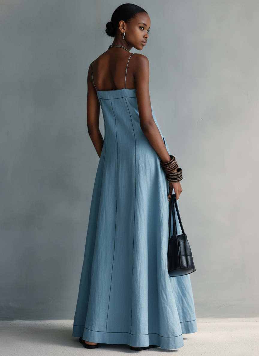 Women's Casual Blue Cotton-linen Sleeveless Camisole Maxi Dress MDZ1660F0LXY